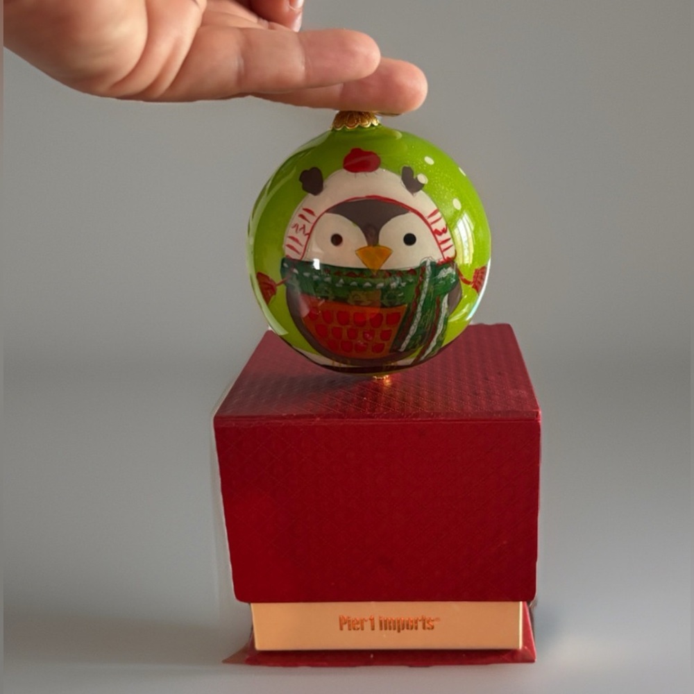 Pier 1 Li Chen hand painted Owl ornament 2017 glass Christmas ornament